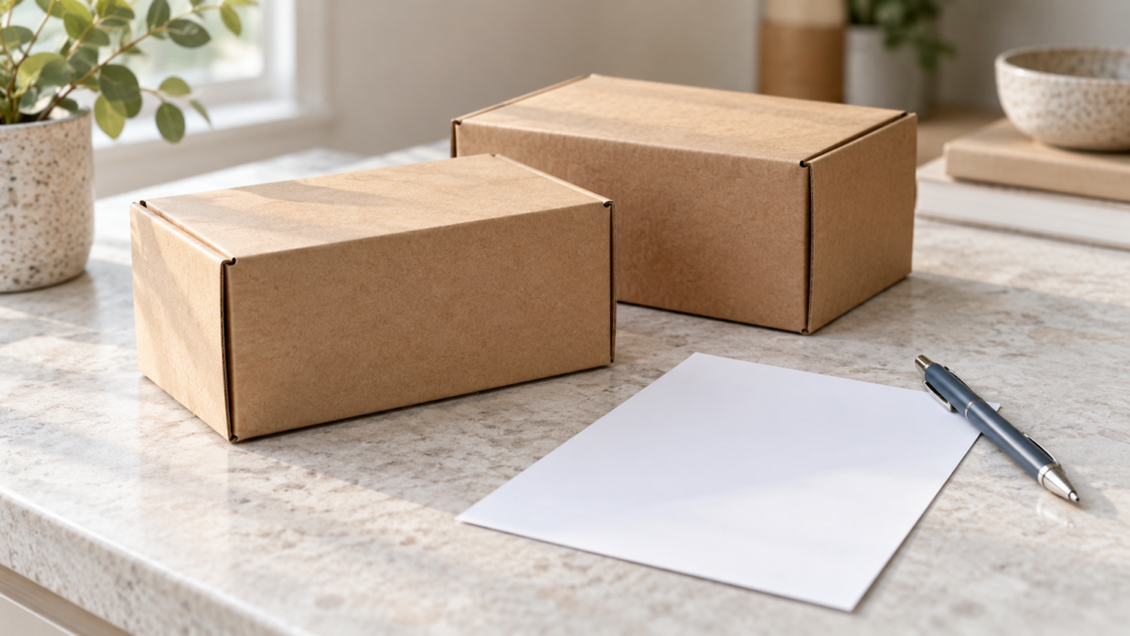 Two unmarked boxes beside a blank packing slip and pen