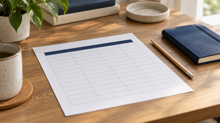 Blank inventory sheet and pencil on a sunlit desk