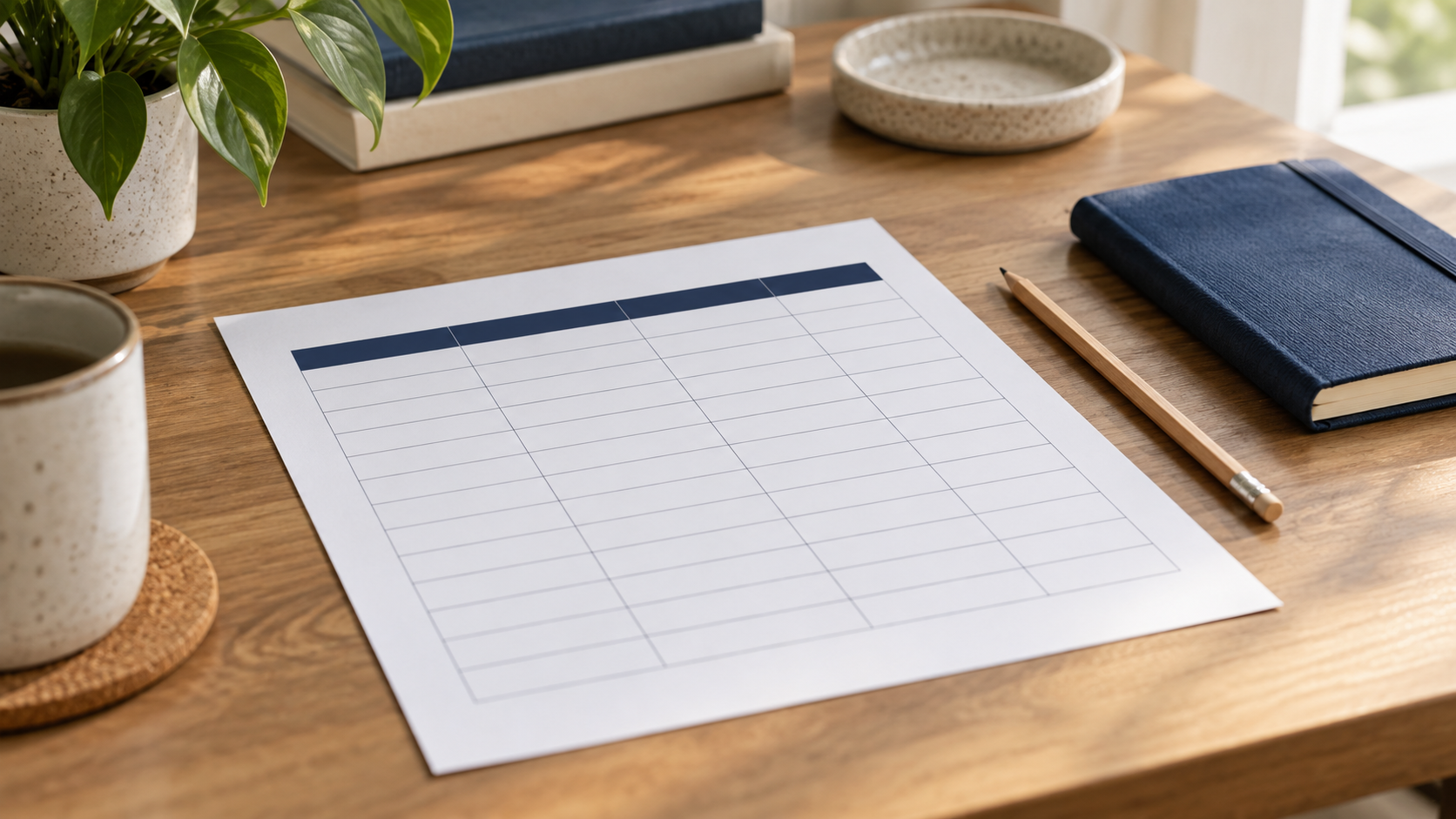 Blank inventory sheet and pencil on a sunlit desk