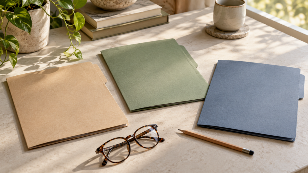 Three unmarked folders and reading glasses on a sunlit desk