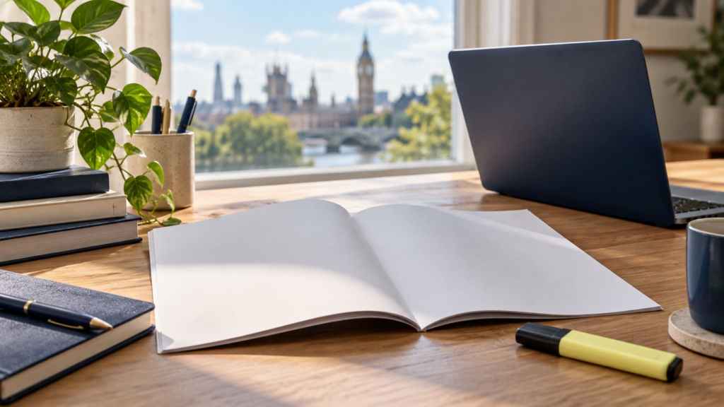 Blank brochure and laptop on a desk in daylight