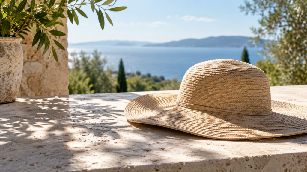 Sun hat on a shaded stone terrace in daylight