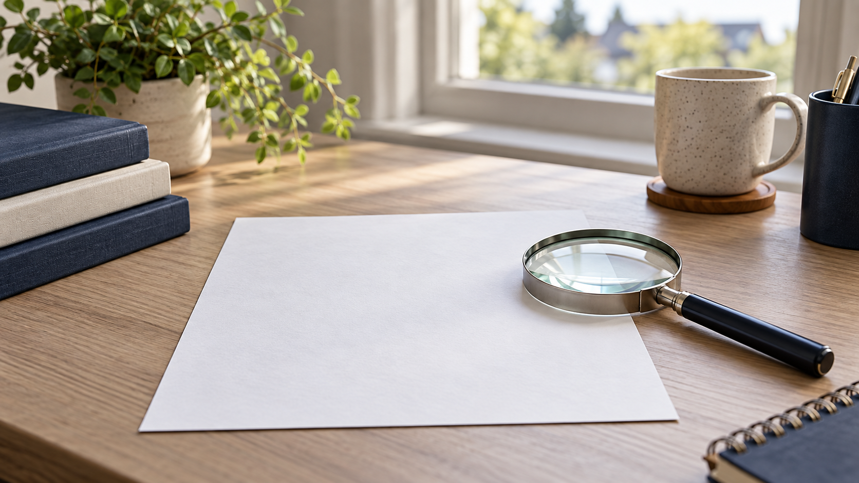 Magnifying glass on a blank paper at a sunlit desk