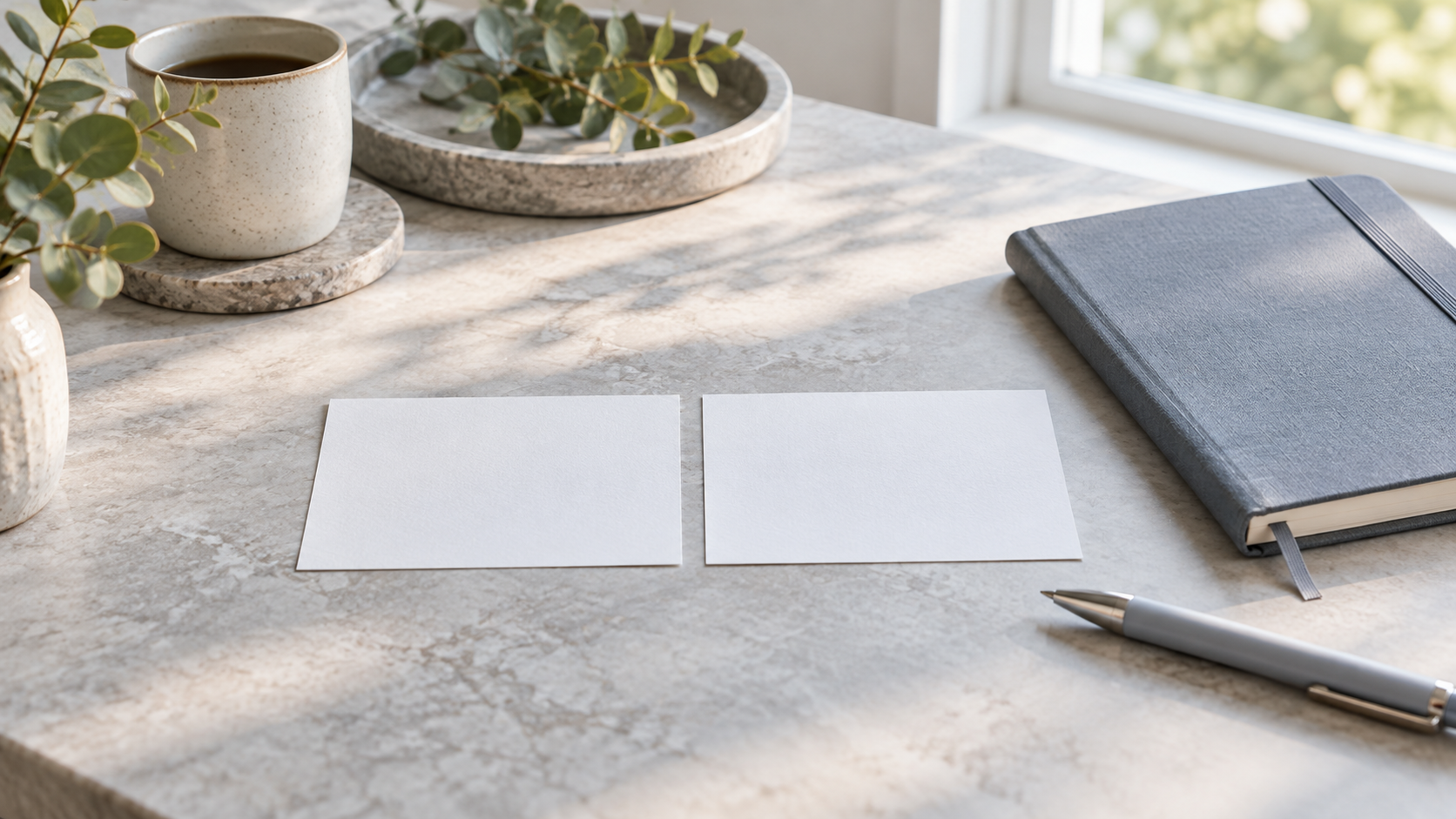 Two blank cards beside a notebook and pen on a desk