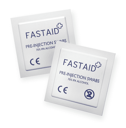 Two individually packaged pre-injection alcohol swabs