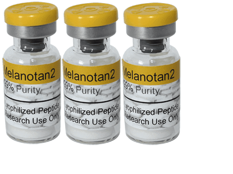 Three illustrative Melanotan 2 vials with printed purity claims
