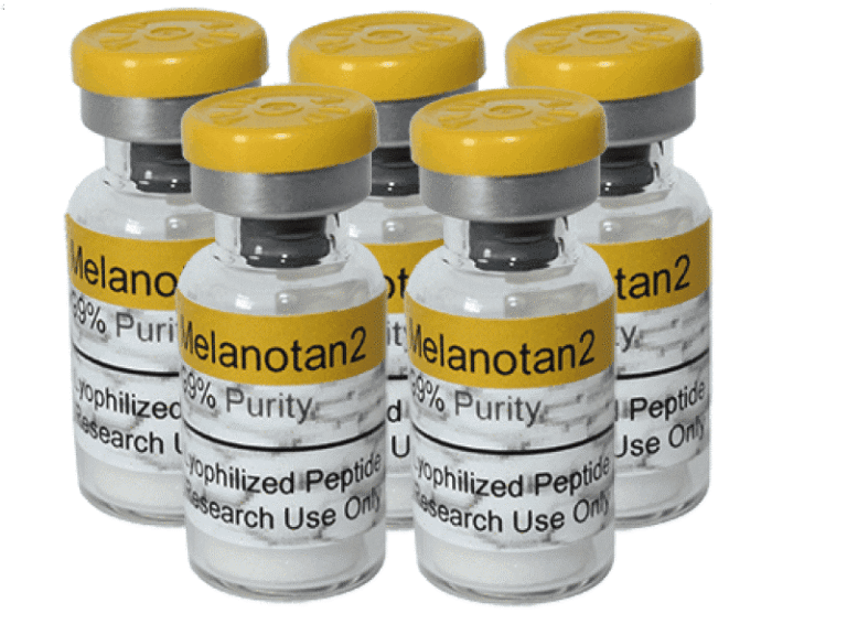 Five illustrative Melanotan 2 vials with printed purity claims