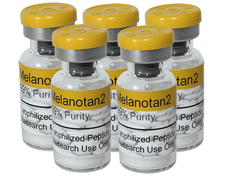 Five illustrative Melanotan 2 vials with printed purity claims
