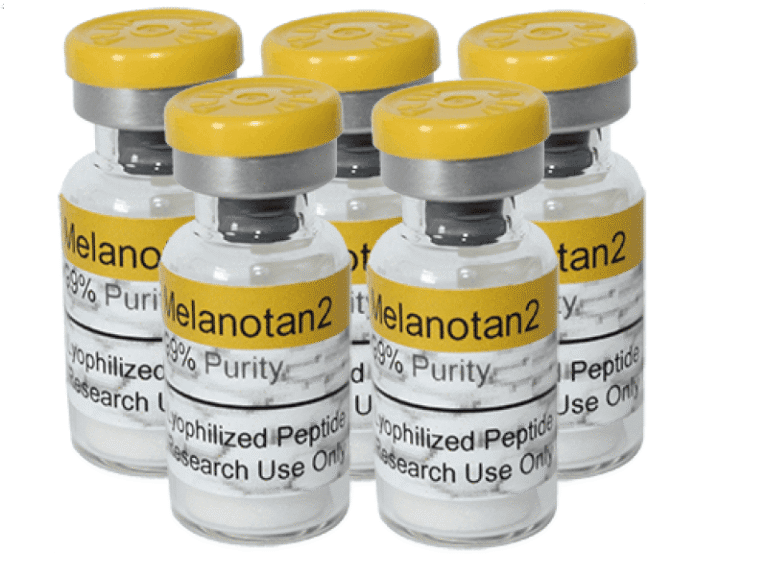 Five illustrative Melanotan 2 vials with printed purity claims