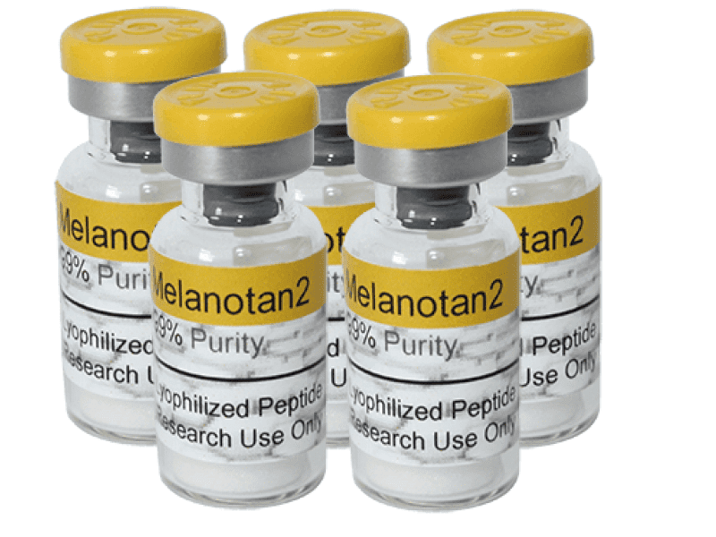 Five illustrative Melanotan 2 vials with printed purity claims