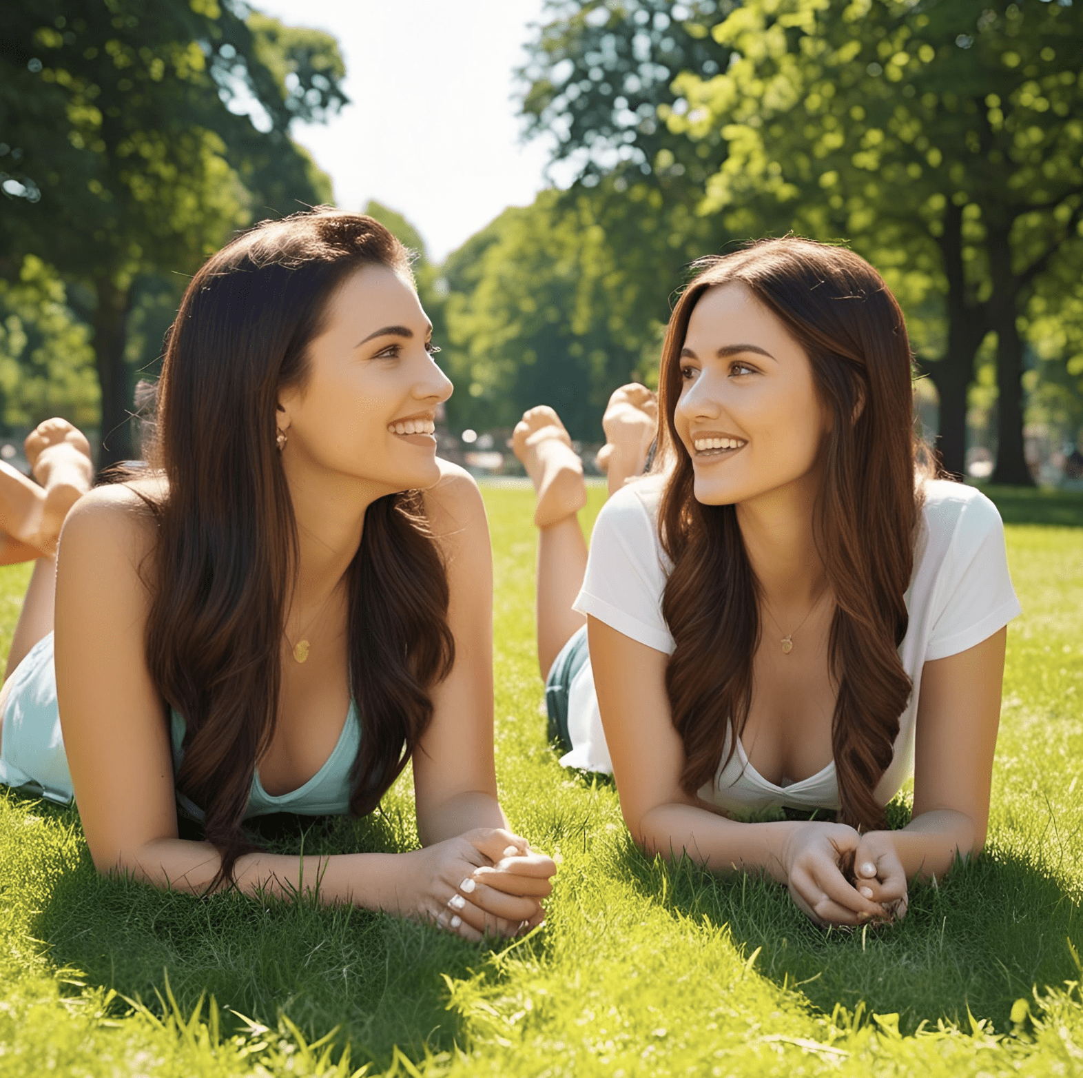 Two women talking on grass in a sunny park