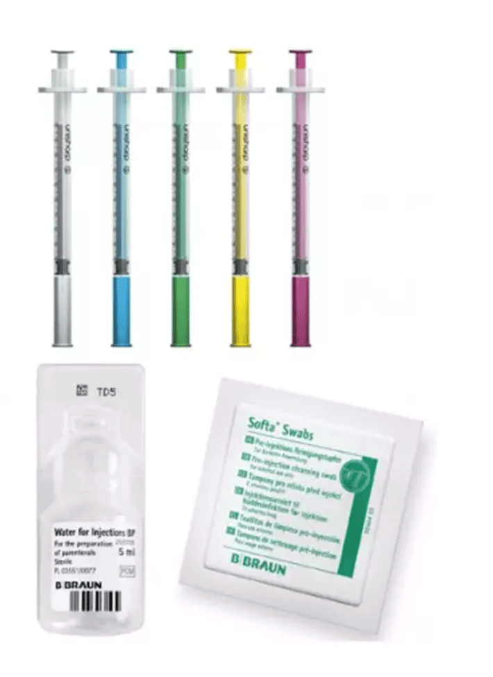 Syringes, a water ampoule and antiseptic wipes