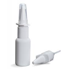 Plain white nasal spray bottle and detached nozzle