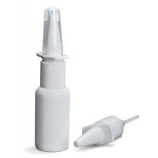 Plain white nasal spray bottle and detached nozzle