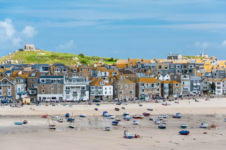 St Ives beachfront and harbour at low tide