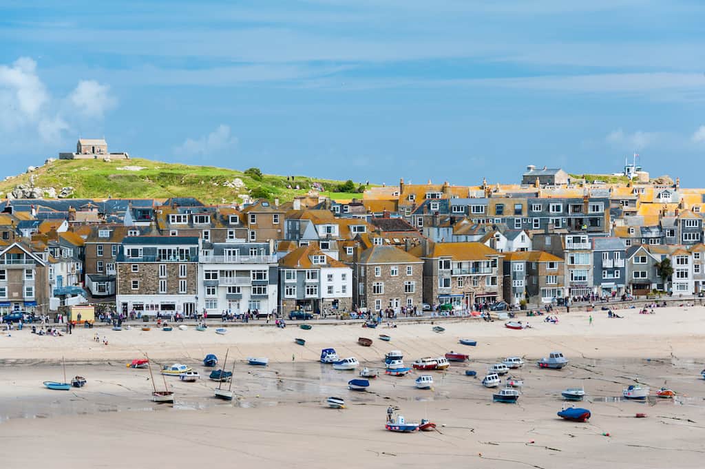 St Ives beachfront and harbour at low tide