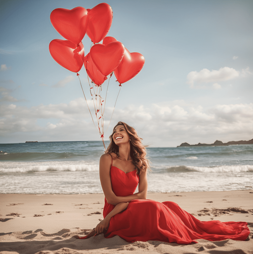 Woman in a red dress holding heart balloons at the beach