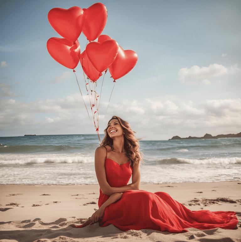 Woman in a red dress holding heart balloons at the beach