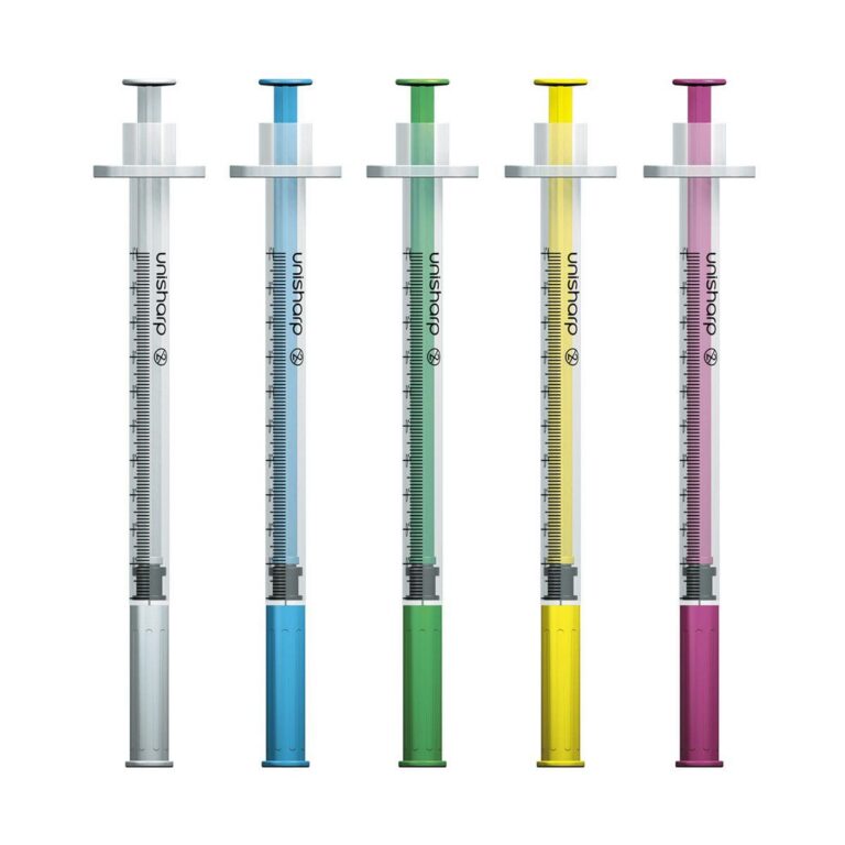 Five colour-coded UniSharp syringes against a white background