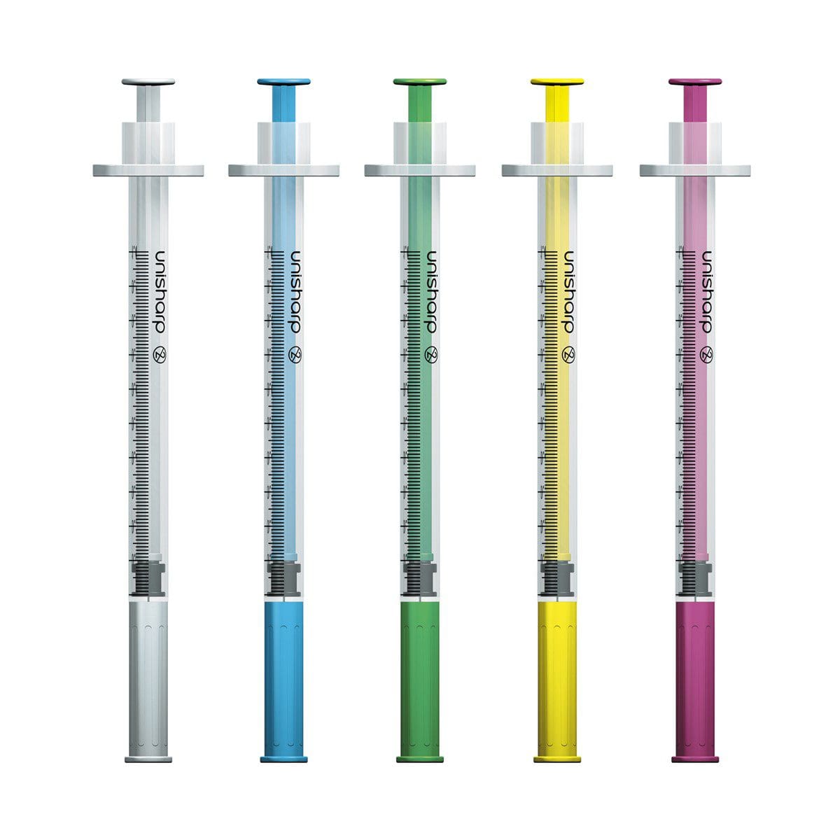 Five colour-coded UniSharp syringes against a white background