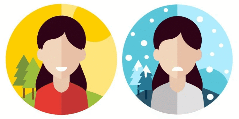 Illustration contrasting summer and winter scenes with different moods