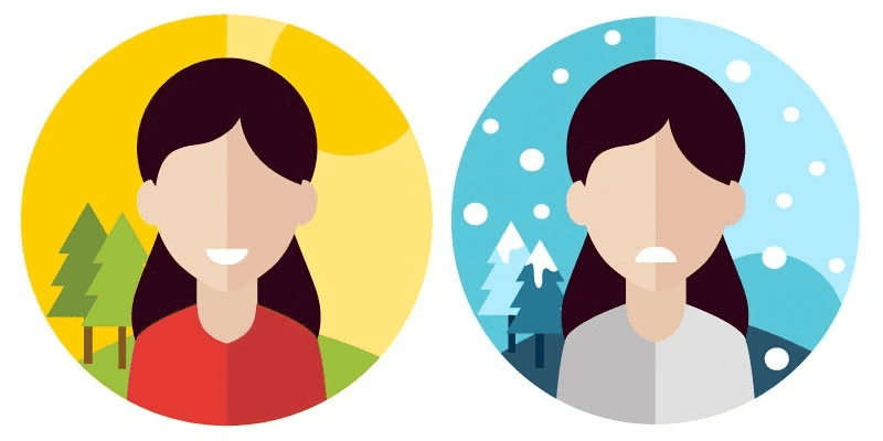 Illustration contrasting summer and winter scenes with different moods