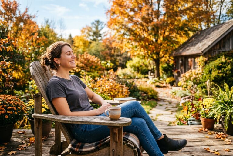 Woman sitting in a chair in an autumn garden