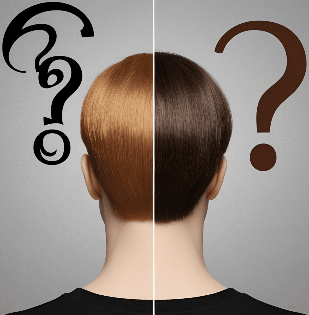 Split illustration of auburn and brown hair with question marks