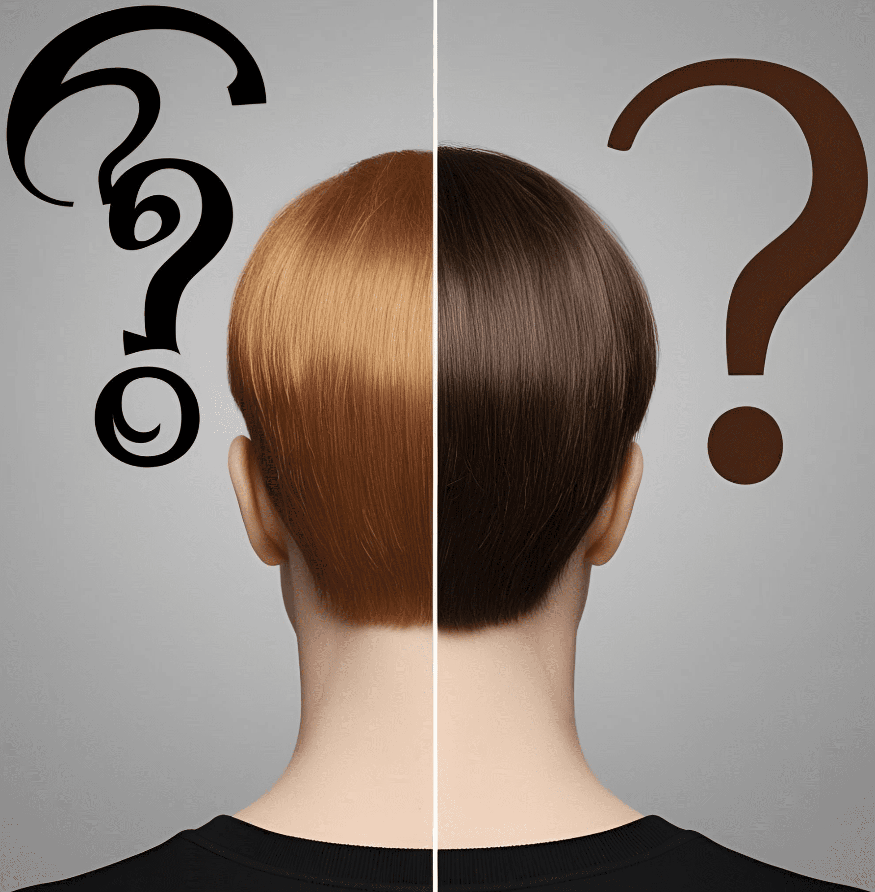 Split illustration of auburn and brown hair with question marks