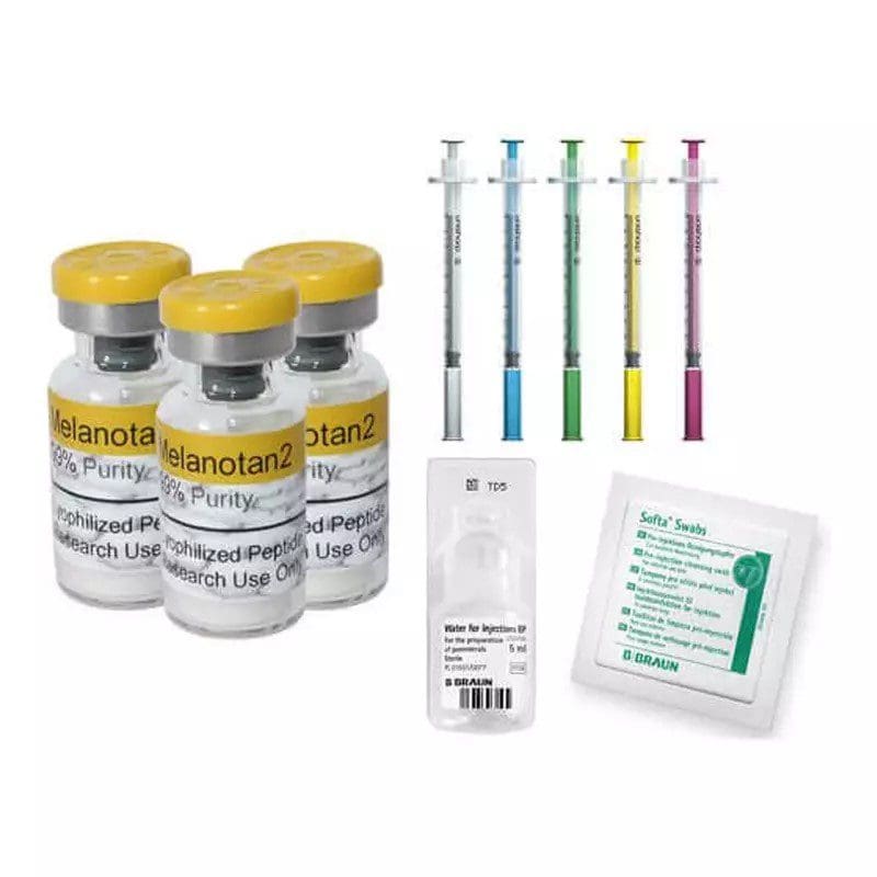 Illustrative Melanotan 2 vials, syringes and supplies with a printed purity claim