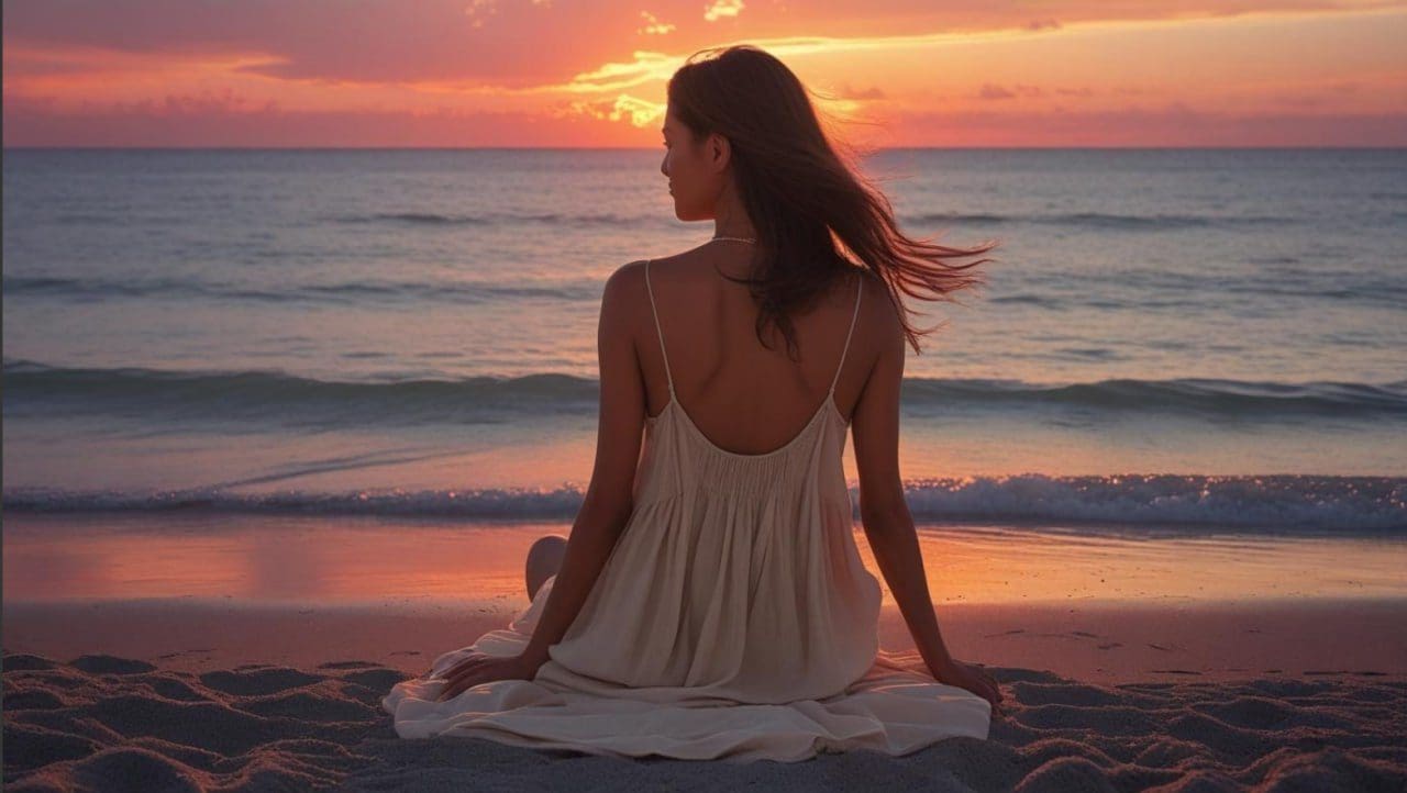 Woman sitting on a beach at sunset