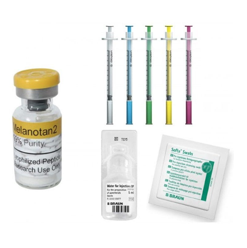 Five syringes with coloured plungers on a white background