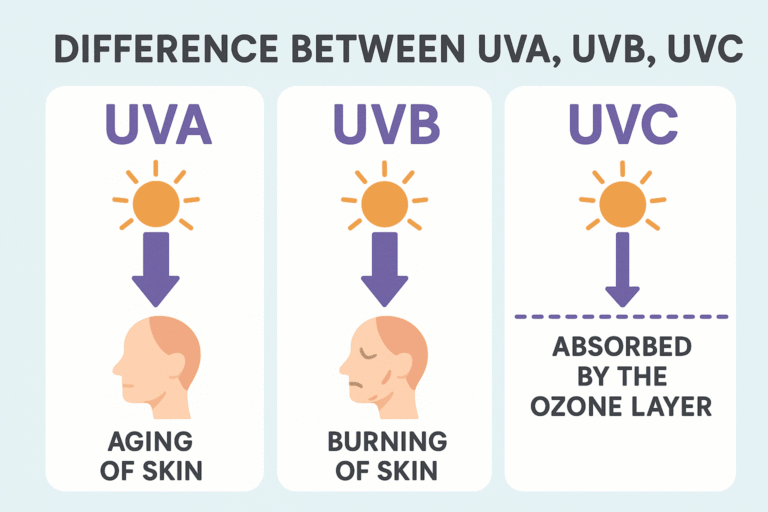 Diagram comparing UVA, UVB and UVC ultraviolet radiation