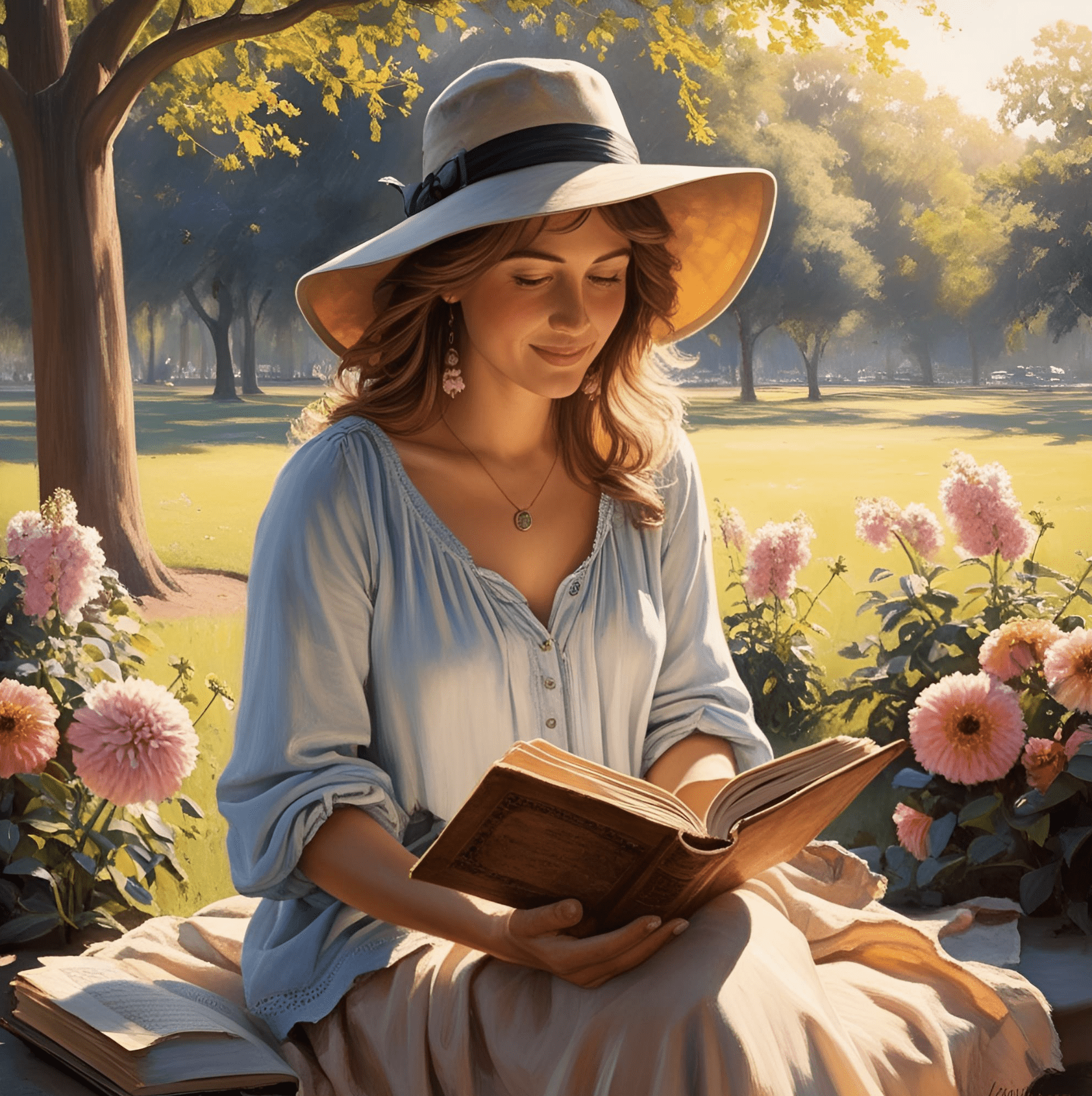 Woman reading a book under a sun hat in a park